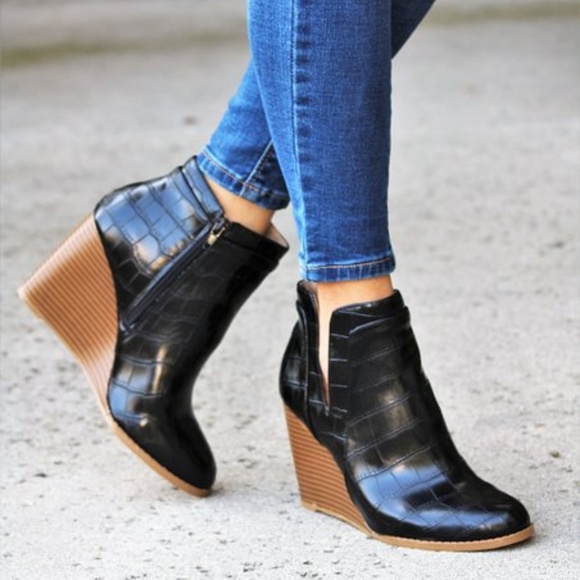 Black Croc-Embossed Ankle Boots with Wedge Heel - Picture 1 of 3